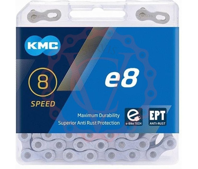 Řetěz KMC e8 E-bike EPT povrch, šedý, v krabičce 122 čl.